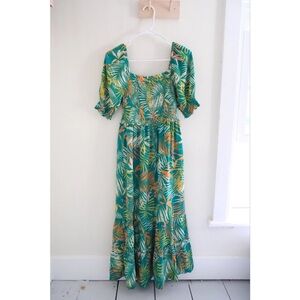 Betsey Johnson Teal Smocked Tropical Tiered Maxi Dress | Medium | Resort Vacay